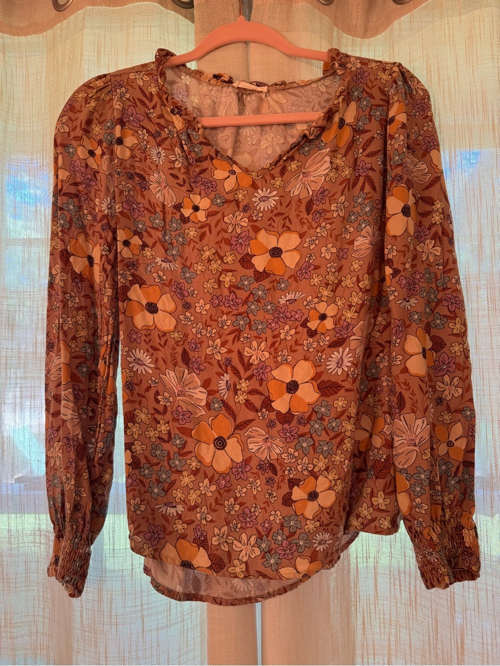 Women's Floral V-Neck Blouse in Rust